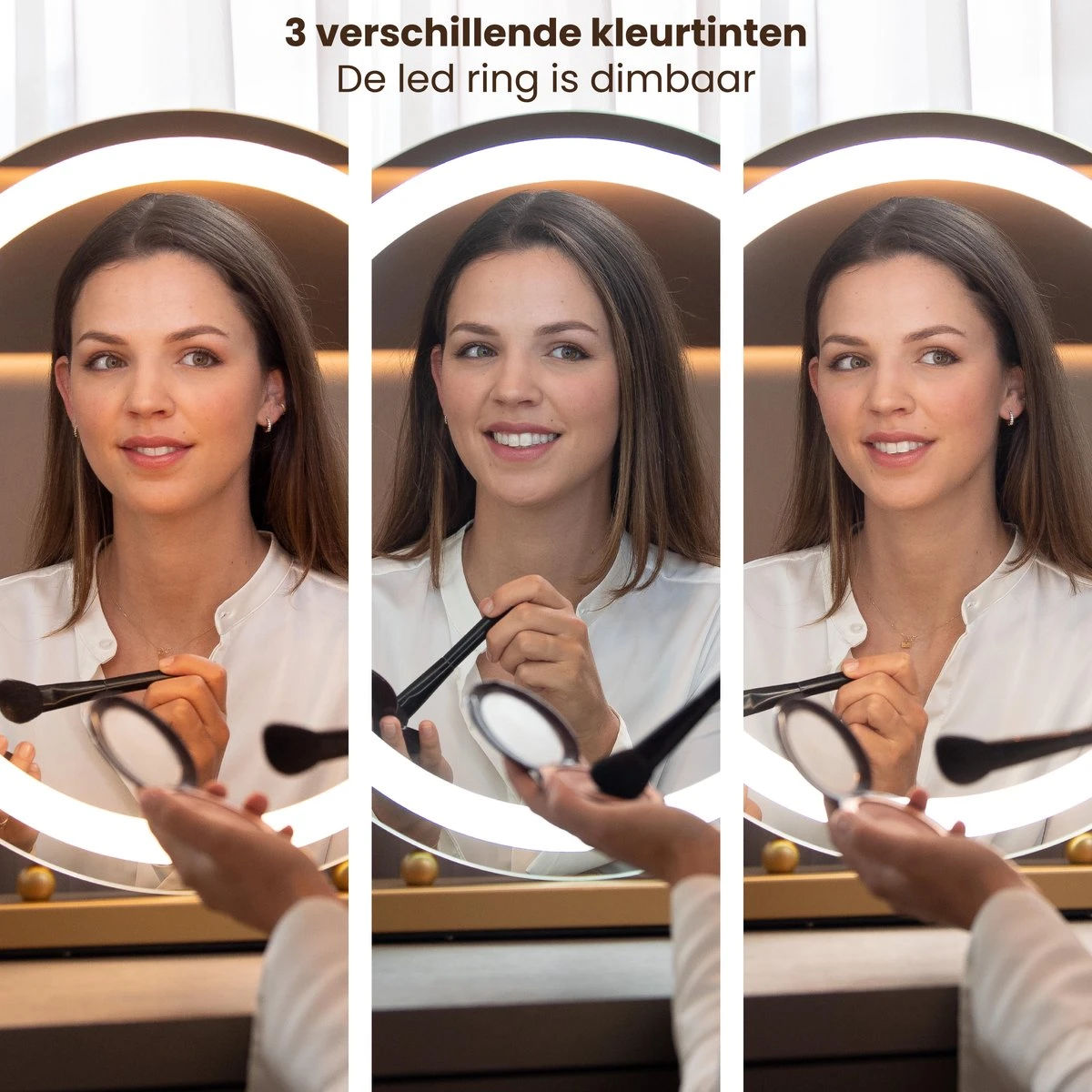 Nuvoo Make-up Spiegel - Visagie Spiegel - Hollywood Spiegel - Diameter 50cm - 3 Licht Tinten - Dimbaar - USB Telefoonoplader - Goud 6 Nuvoo Make-up Spiegel - Visagie Spiegel - Hollywood Spiegel - Diameter 50cm - 3 Licht Tinten - Dimbaar - USB Telefoonoplader - Goud - Afbeelding 6