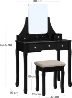 Merkloos Kaptafel, Kaptafel Met Grote Spiegel Zonder Frame, Toilettafel, Kaptafel, Voor Make-up, Gewatteerde Kruk, 5 Laden, Verplaatsbare Opbergdoos, Zwart RDT25BK -Modecosmetica 888x1200 1